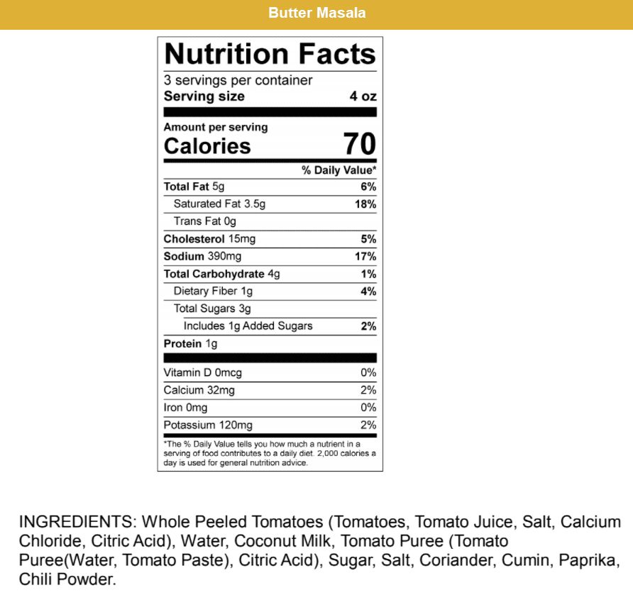 Nutrition Facts Butter Masala