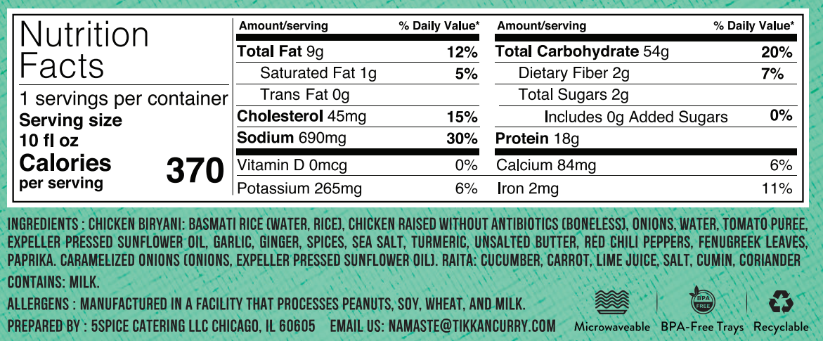 Nutrition facts Chicken Biryani